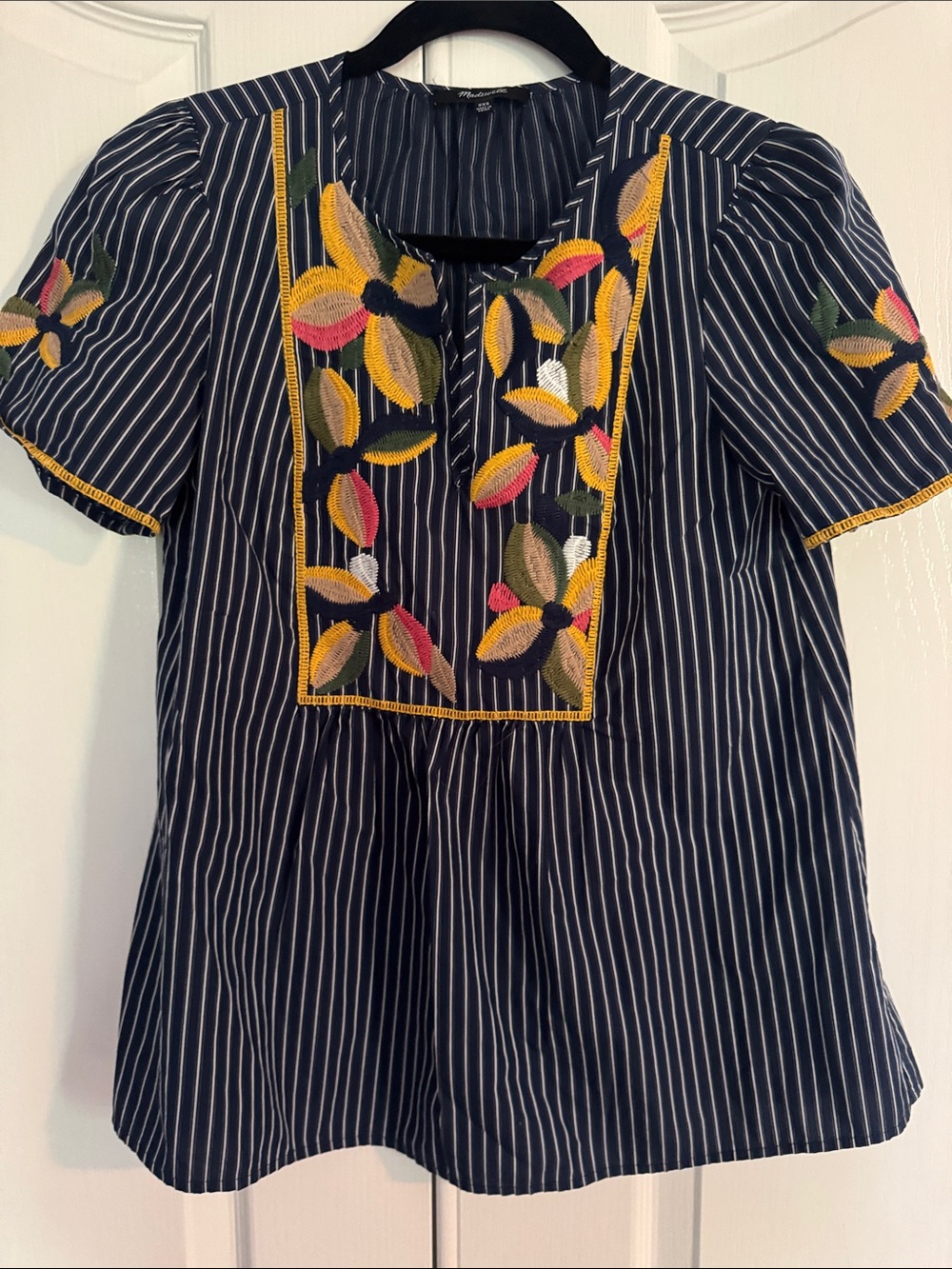 Madewell Navy Striped Embroidered Peasant Top